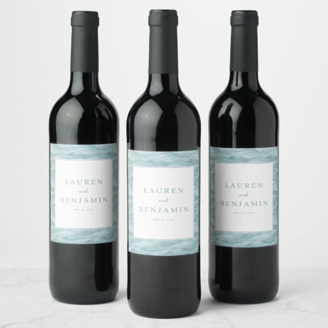Serene Teal Wave Motive Wine Label (Bottles)