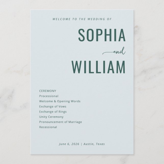 Serene Teal Wedding Ceremony Schedule Programme (Front)
