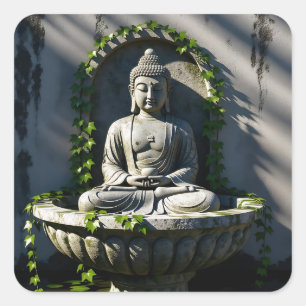 Serene Tranquil Buddha Fountain Square Sticker