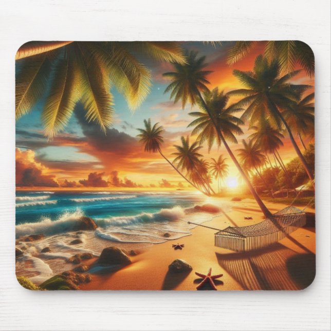 Serene Tropical Sunset Beach Painting Mouse Mat (Front)