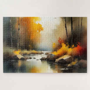 Serene vibrant Autumn river landscape painting Jigsaw Puzzle