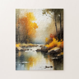 Serene vibrant Autumn river landscape painting Jigsaw Puzzle