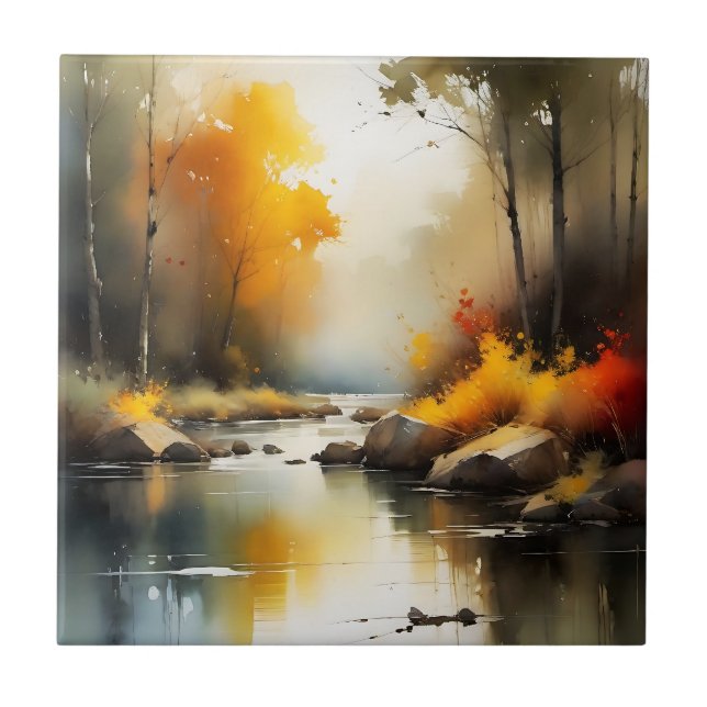 Serene vibrant Autumn river landscape painting Tile (Front)