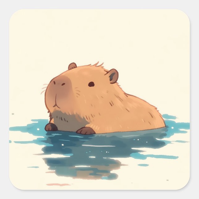 Serene Wading Capybara Illustration Square Sticker (Front)