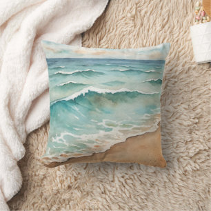Serene Watercolor Beach Waves - Ocean Vibes Cushion