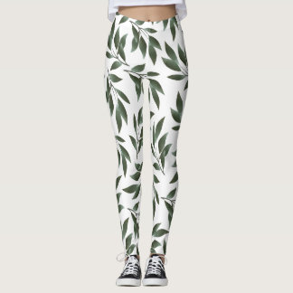 Serene Watercolor Branches Green Leaves Pattern  Leggings