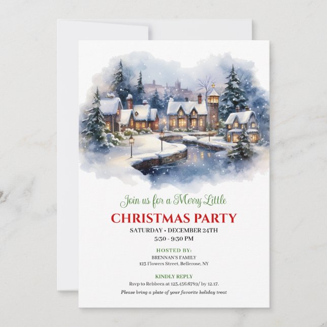 Serene watercolor Christmas scene festive city   Invitation (Front)