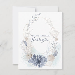 Serene Watercolor Coastal Coral Seashell Couple Card