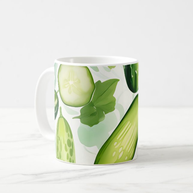 Serene Watercolor Cucumber Pattern with Flowing Coffee Mug (Front Left)