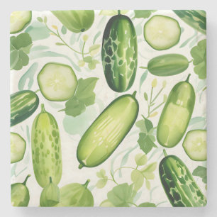 Serene Watercolor Cucumber Pattern with Flowing Stone Coaster