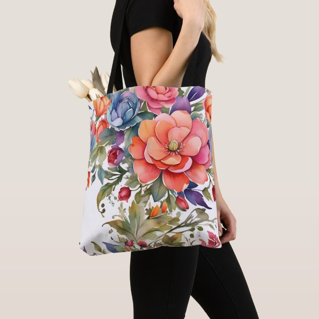 Serene Watercolor Floral Pattern Design Tote Bag (Close Up)