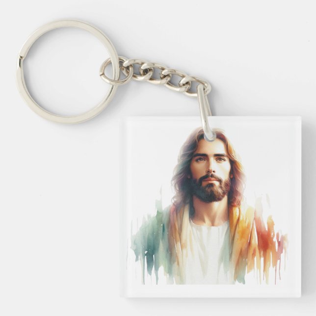 Serene Watercolor Jesus Christ Portrait – Spiritua Key Ring (Front)