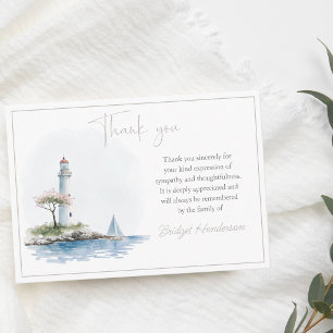 Serene Watercolor Lighthouse By Water Gray Funeral Thank You Card