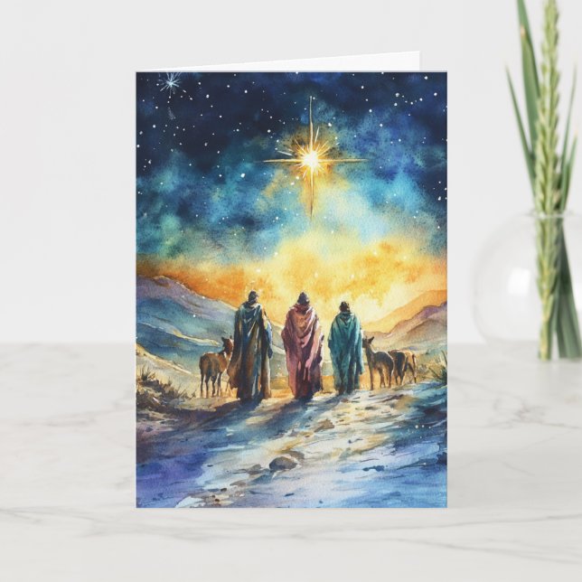 Serene Watercolor Nativity with Christmas Star Card (Front)