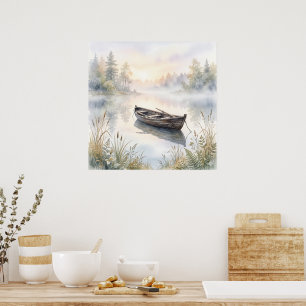 Serene Watercolor Rowboat on Misty Lake at Sunrise Poster