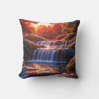 Serene Waterfall at Sunset Vertical Poster Cushion