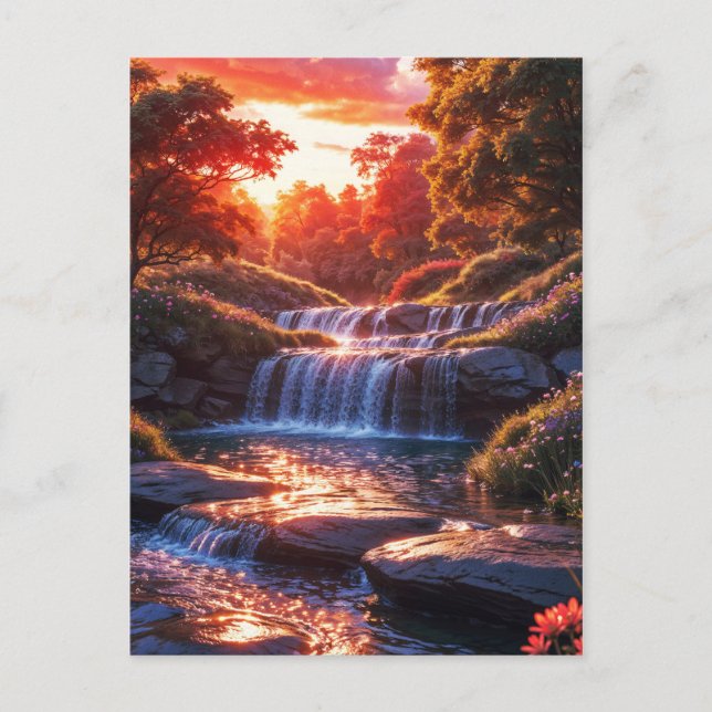 Serene Waterfall at Sunset Vertical Poster Postcard (Front)
