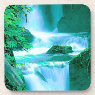 Serene Waterfall in Blue and Green Coaster