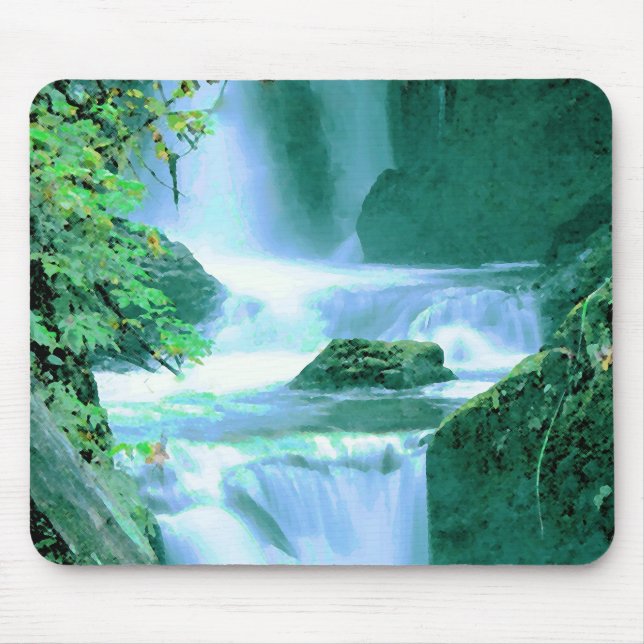 Serene Waterfall in Blue and Green Mouse Mat (Front)