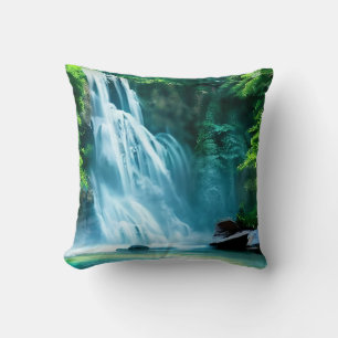 Serene Waterfall in Pale Blue and Green Cushion