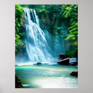 Serene Waterfall in Pale Blue and Green  Poster