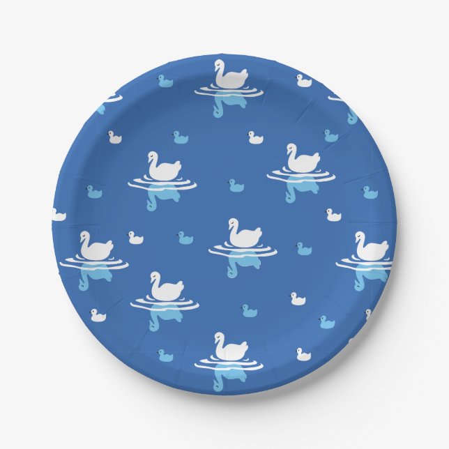 Serene Waters - Playful Swan Lake Pattern Design Paper Plate (Front)