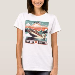 Serene Waters: Woman on Boat With I Love Water Ski T-Shirt