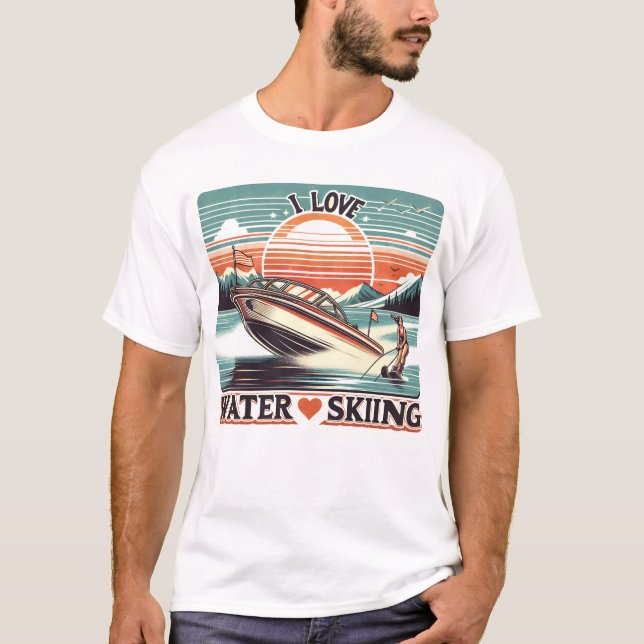 Serene Waters: Woman on Boat With I Love Water Ski T-Shirt (Front)