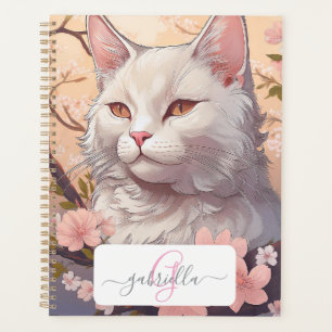 Serene White Cat Planner with Name & Monogram