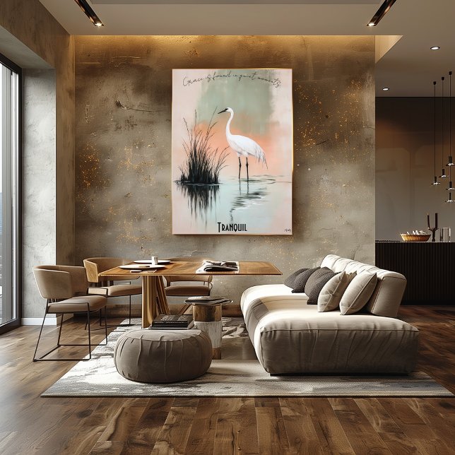 Serene White Crane in Zen Reeds Art Poster (Creator Uploaded)