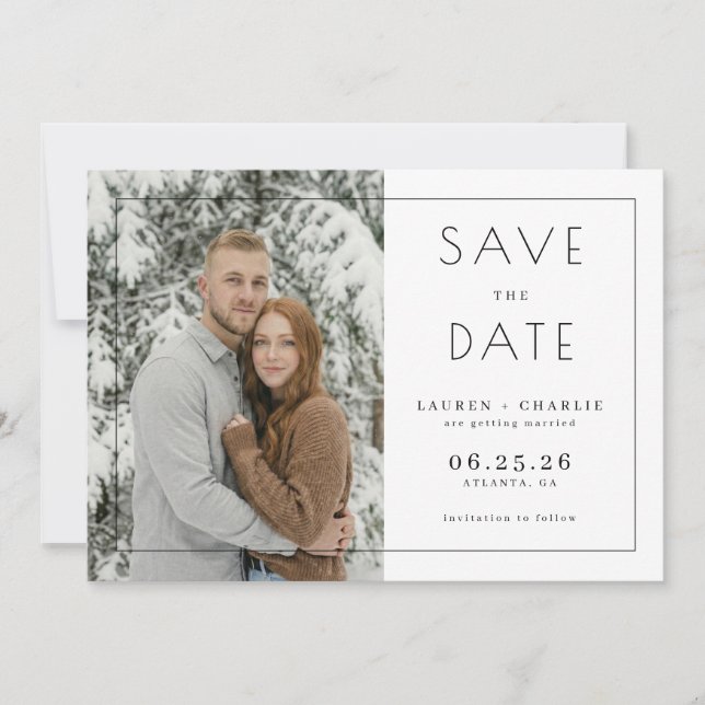 Serene White Minimalist Photo Save The Date (Front)