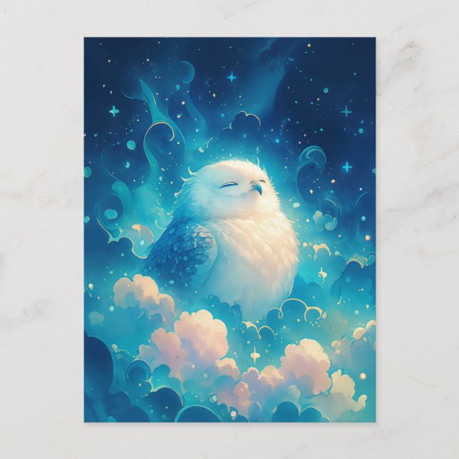 Serene White Owl Napping in Blue Clouds Postcard (Front)