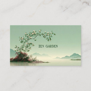 Serene White Rose Bloom Misty Mountain Lake Zen Business Card