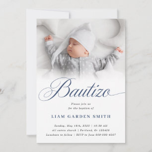 Serene White Script Bautizo Photo Design Invitation