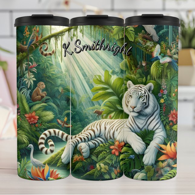 Serene White Tiger and Flowers Thermal Tumbler (Creator Uploaded)