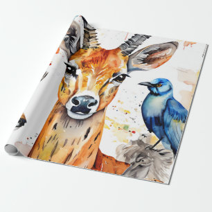 Serene Wildlife Watercolor Collage Wrapping Paper