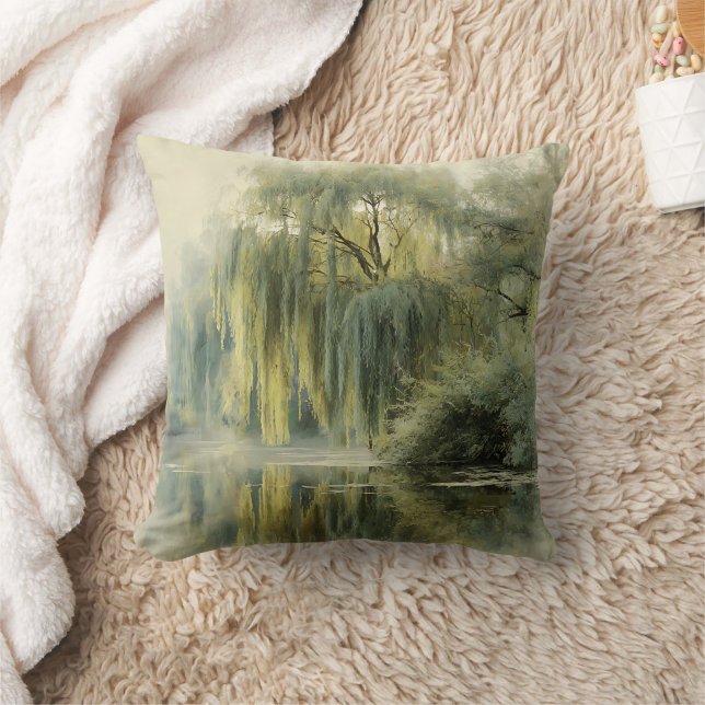 Serene Willow Tree Reflection Nature Art (10) Cushion (Blanket)