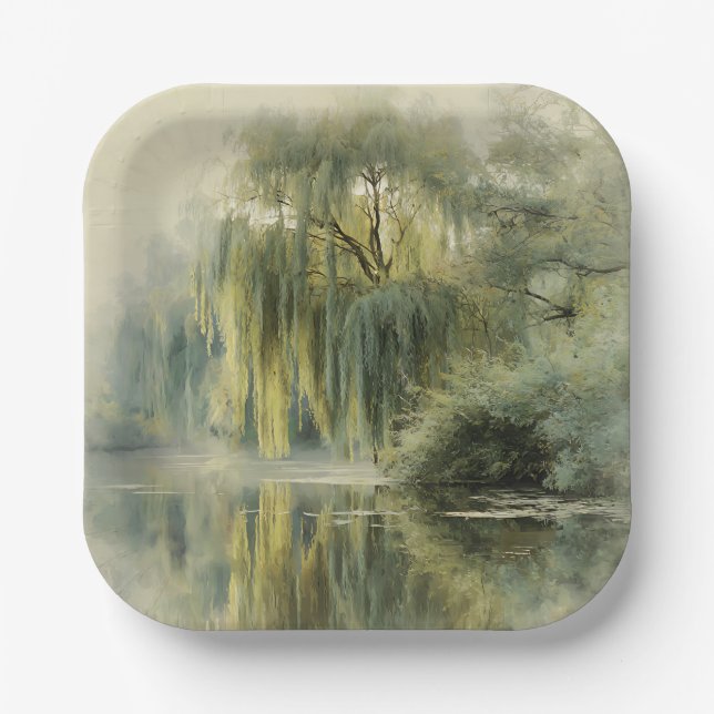 Serene Willow Tree Reflection Nature Art (10) Paper Plate (Front)