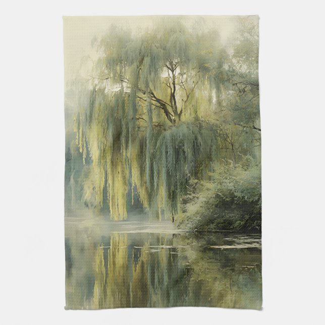 Serene Willow Tree Reflection Nature Art (10) Tea Towel (Vertical)