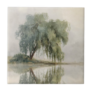 Serene Willow Tree Reflection Nature Art (10) Tile