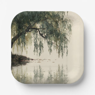 Serene Willow Tree Reflection Nature Art (11) Paper Plate