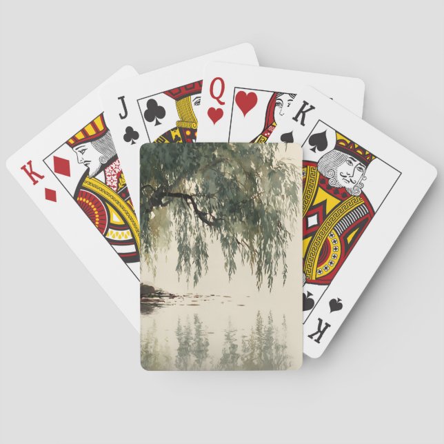 Serene Willow Tree Reflection Nature Art (11) Playing Cards (Back)
