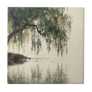 Serene Willow Tree Reflection Nature Art (11) Tile