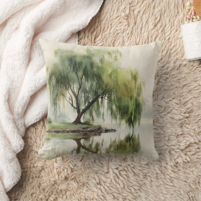 Serene Willow Tree Reflection Nature Art (12) Cushion (Blanket)