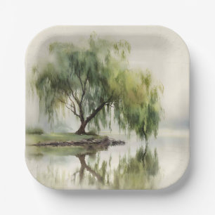Serene Willow Tree Reflection Nature Art (12) Paper Plate