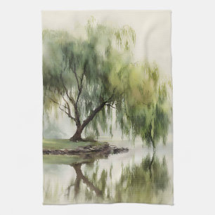 Serene Willow Tree Reflection Nature Art (12) Tea Towel