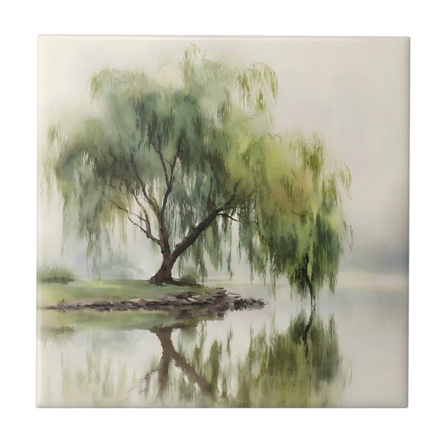 Serene Willow Tree Reflection Nature Art (12) Tile (Front)