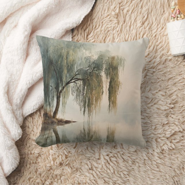 Serene Willow Tree Reflection Nature Art (13) Cushion (Blanket)