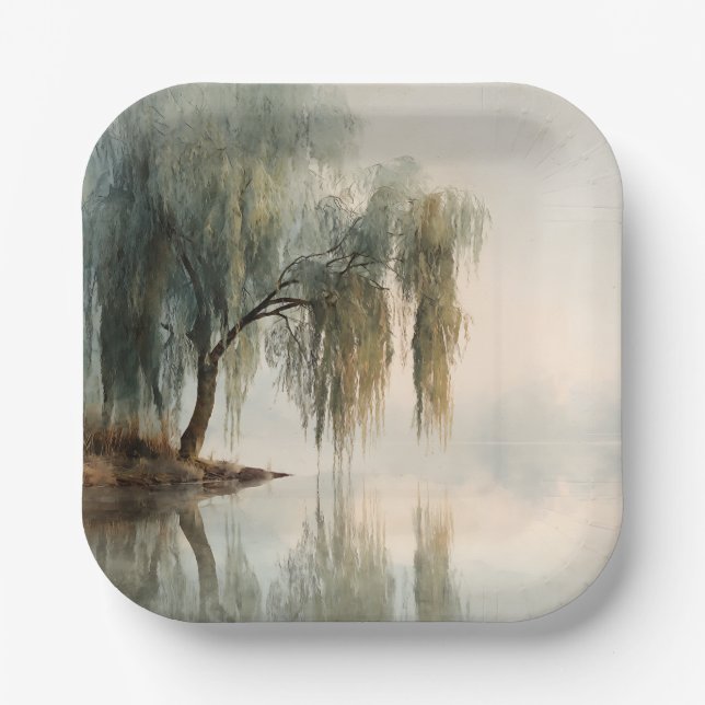 Serene Willow Tree Reflection Nature Art (13) Paper Plate (Front)
