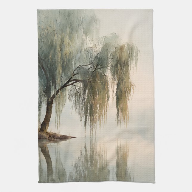 Serene Willow Tree Reflection Nature Art (13) Tea Towel (Vertical)